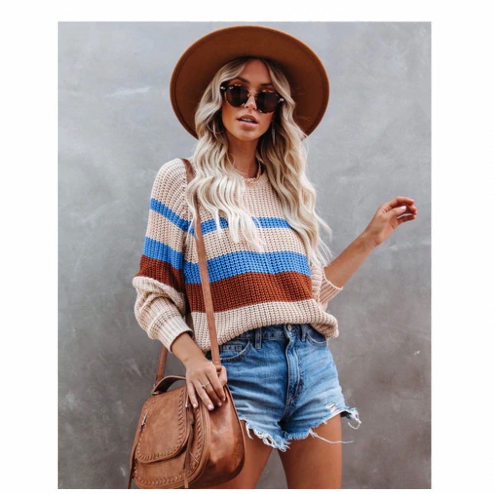 Lush Beige Striped Crewneck Sweater with Blue and Brown Accents